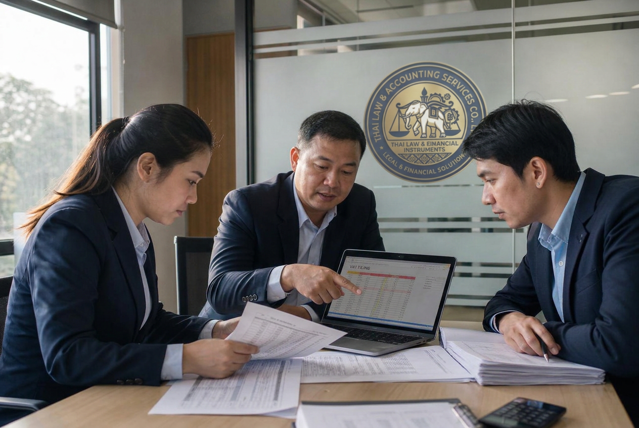 ทีมนักบัญชีของ Thai Law & Accounting ตรวจเอกสารยื่นภาษีมูลค่าเพิ่มในสำนักงาน